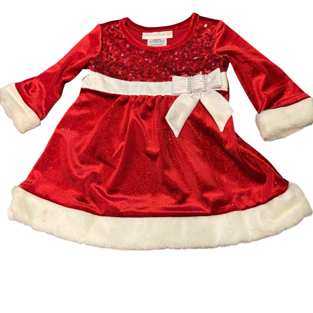 NWT Bonnie Baby 3-6M Girls Red Sequin Christmas Dress with Fur Trim